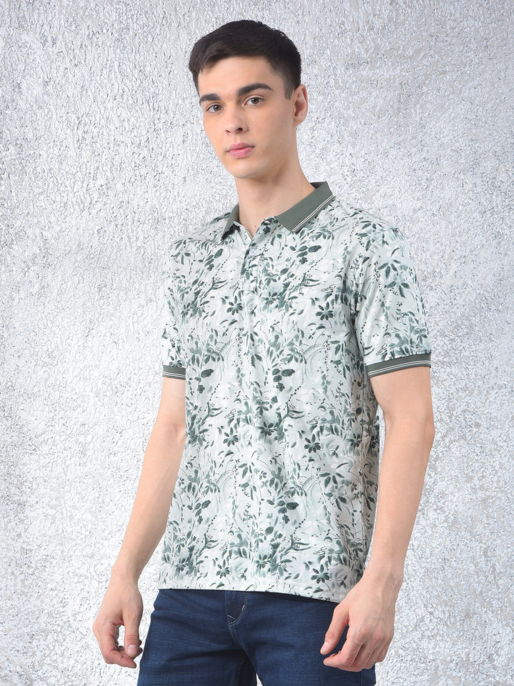 Olive Floral Print Polo-Neck T-Shirt