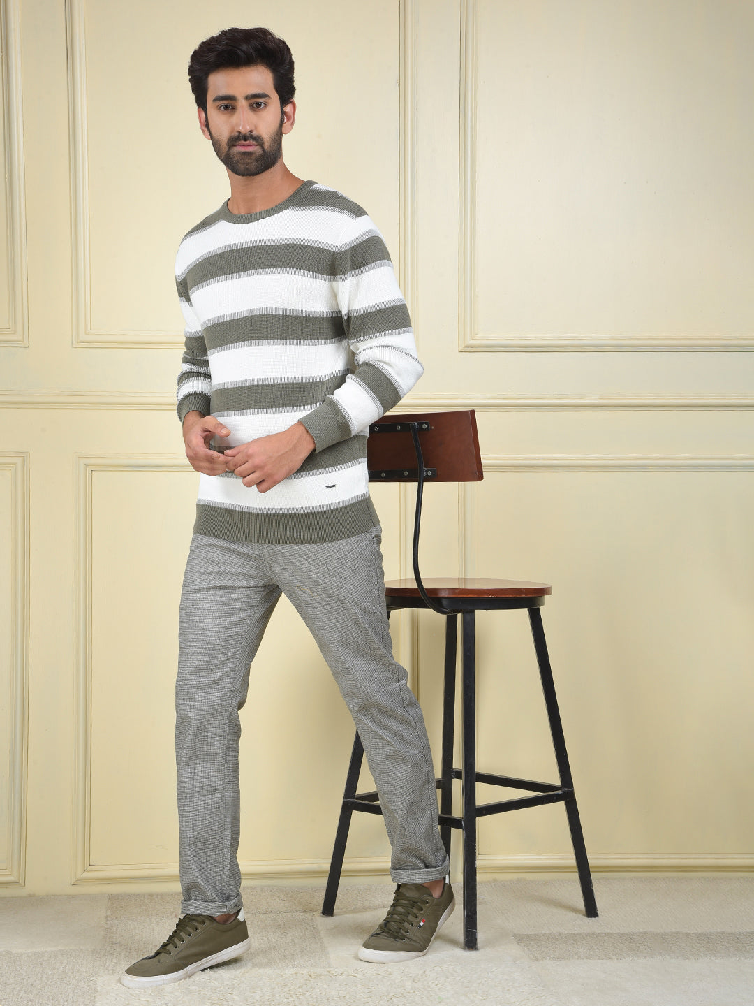 Olive Horizontal Stripes 100% Cotton Sweater