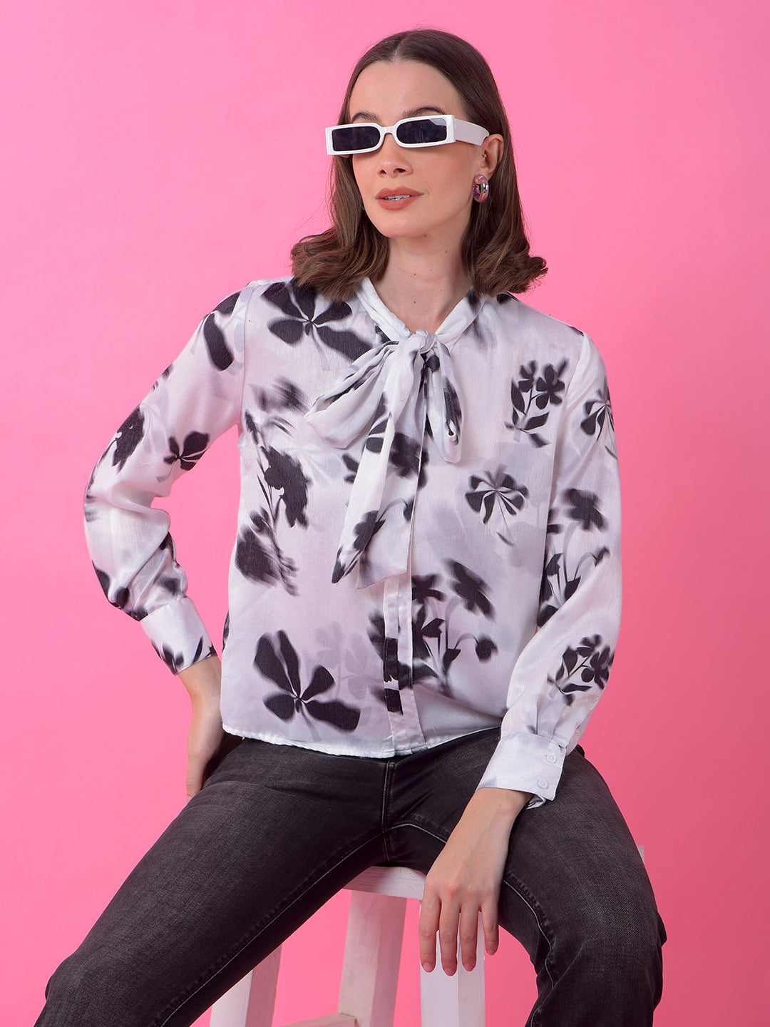 Black Floral Print Tie-Up Top