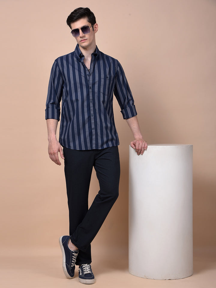 Navy Blue Vertical Stripes Button-Down Collar 100% Cotton Shirt
