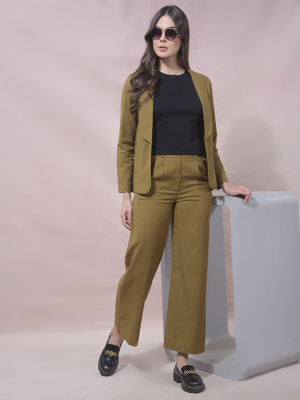 Olive Notched Lapel Open Front Blazer