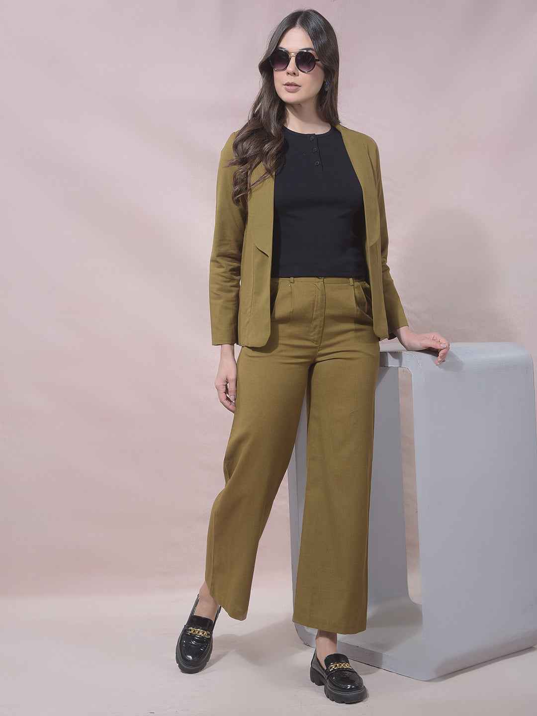 Olive Notched Lapel Open Front Blazer