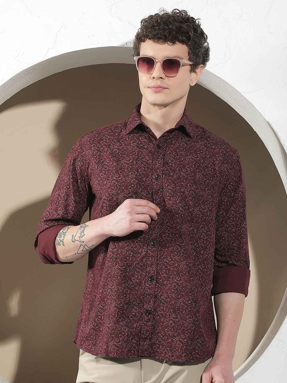 Wine Printed Linen Shirt