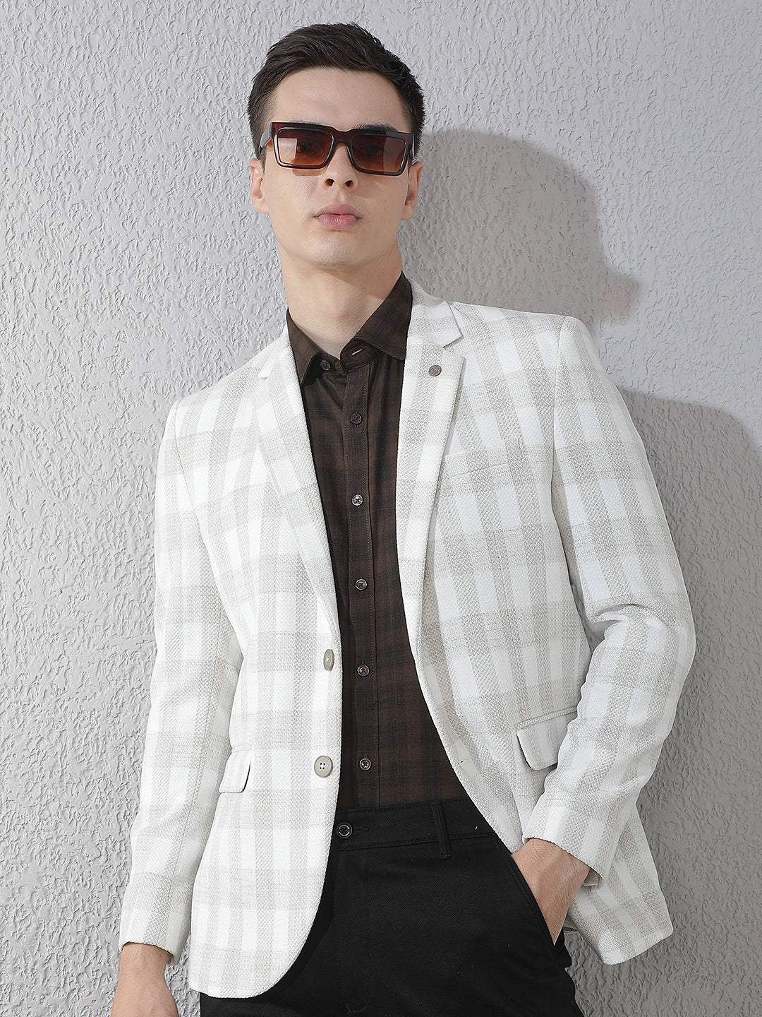 Off White Checked Notched Lapel Blazer