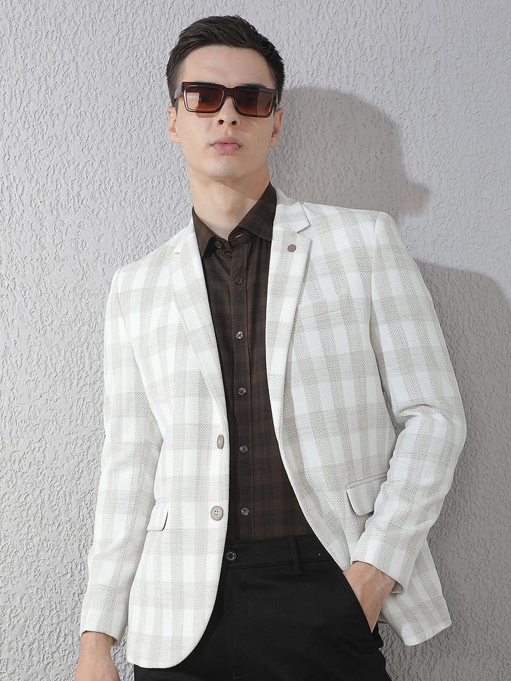 Off White Checked Notched Lapel Blazer