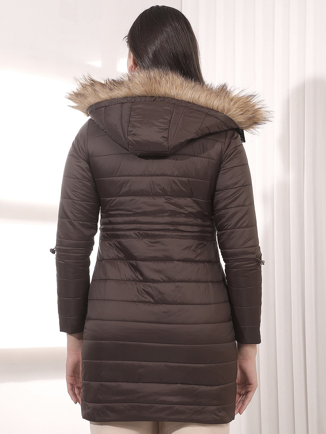 Brown Mid-Thigh Length Parka Hooded Jacket