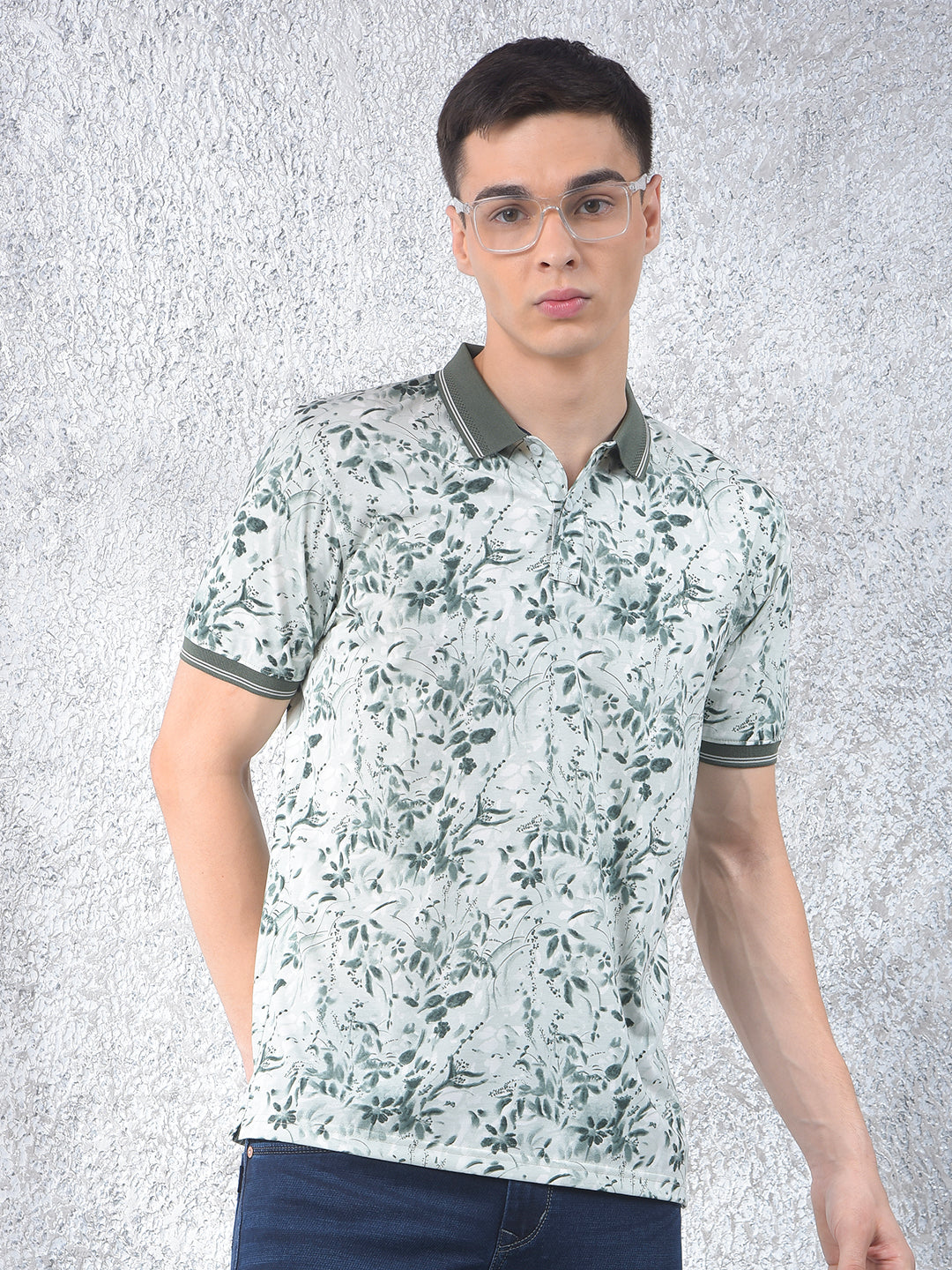 Olive Floral Print Polo-Neck T-Shirt