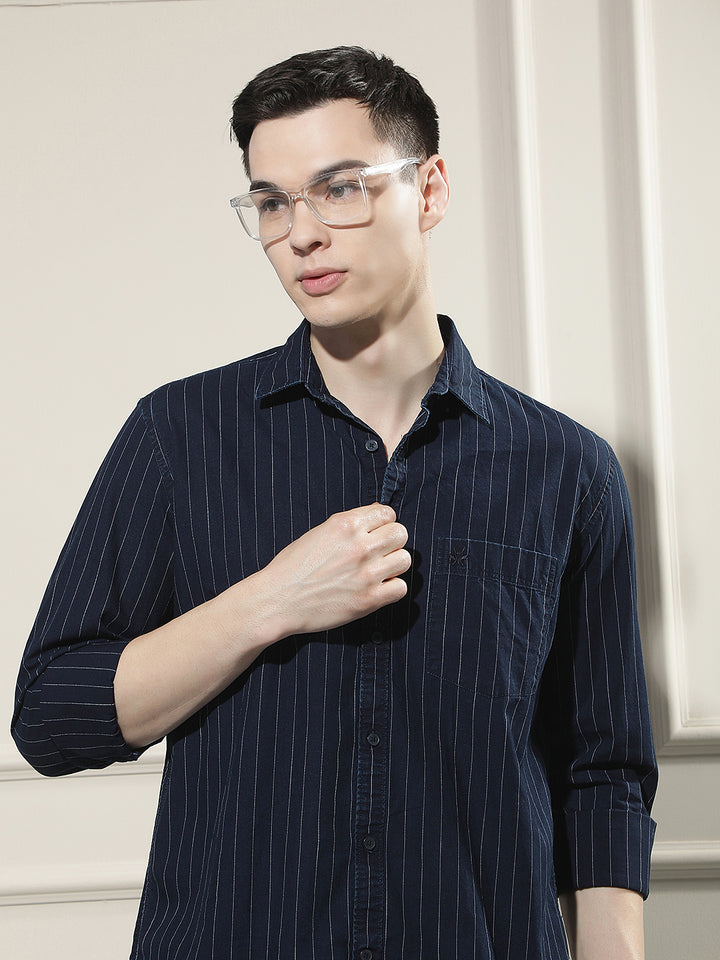Navy Blue Vertical Stripes 100% Cotton Shirt