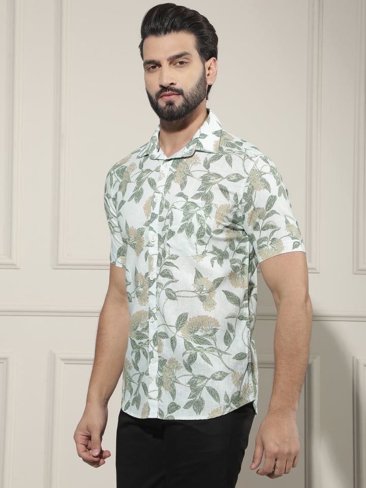 Green Floral Print Linen Shirt