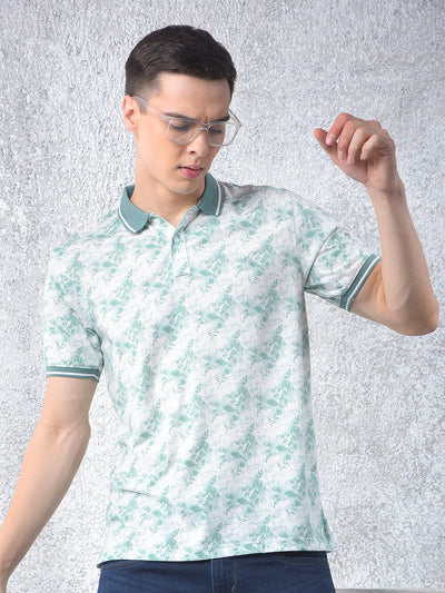 Green Floral Print Polo Neck T-Shirt