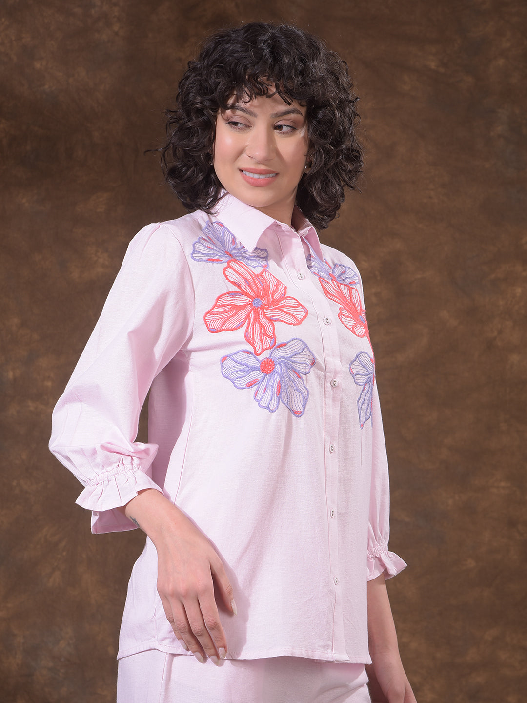 Structured Coral Pink Embroidered Shirt