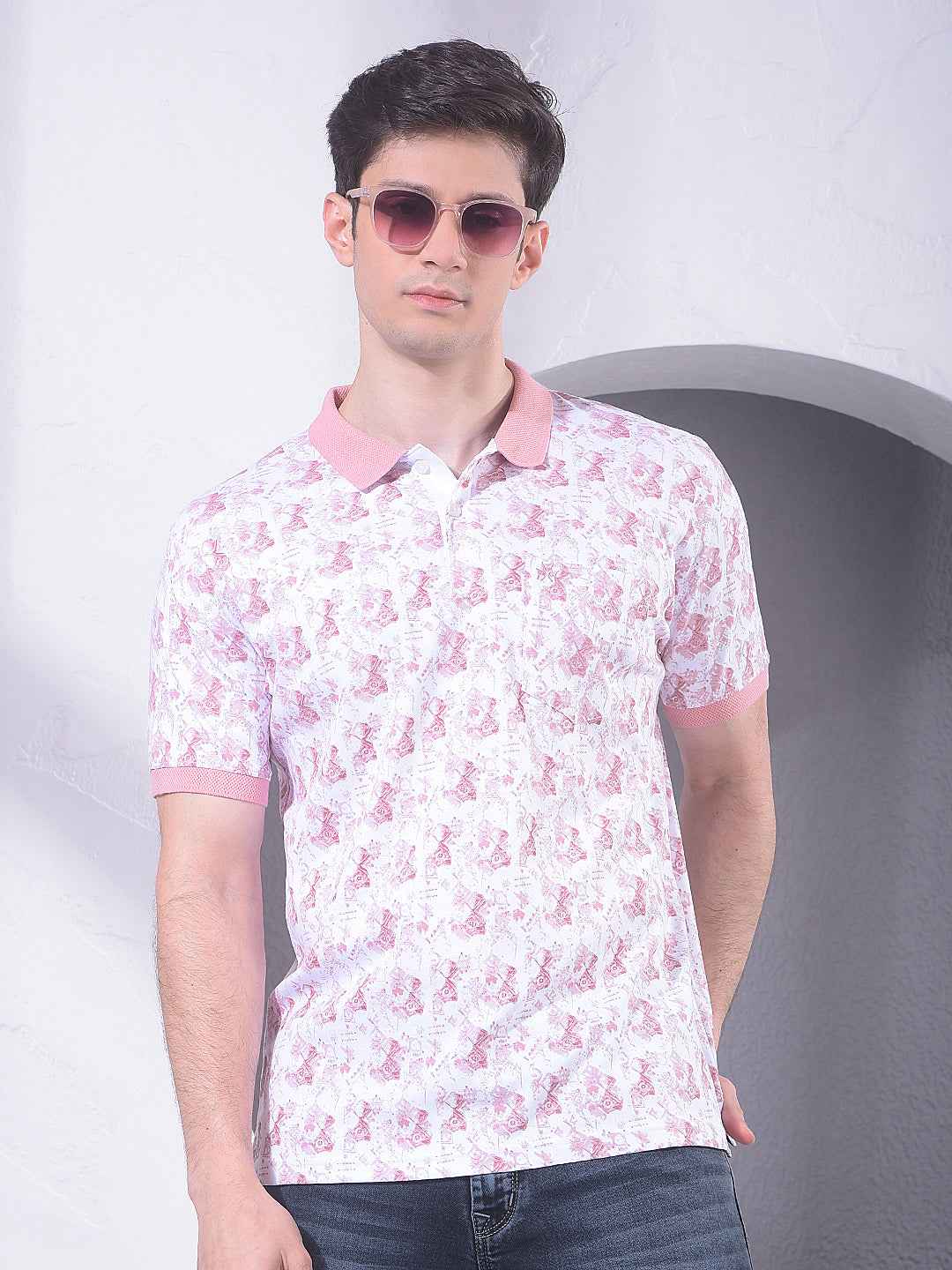 Pink 100% Cotton Geometric Print Polo T-Shirt