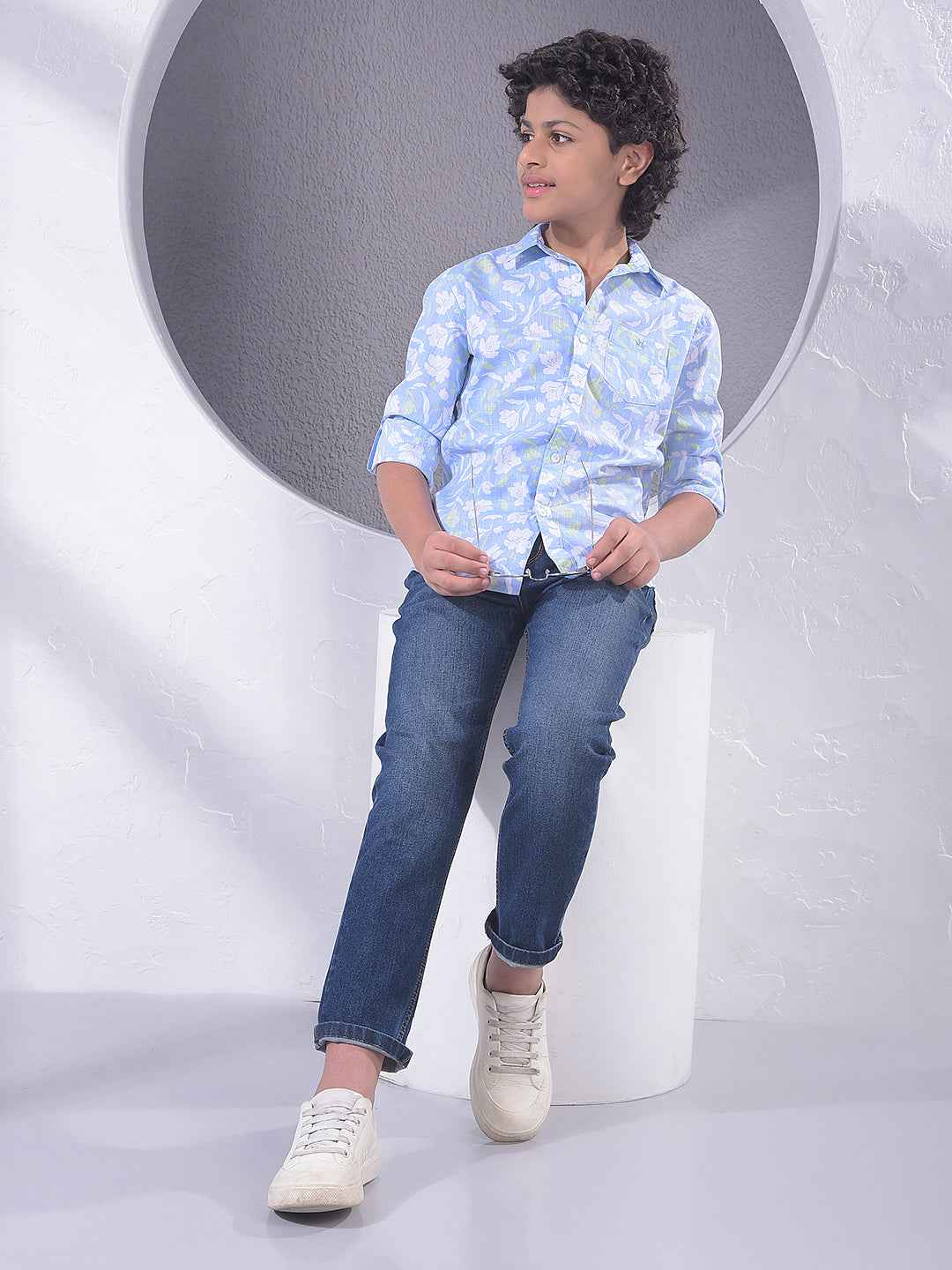 Blue Floral Print 100% Cotton Shirt