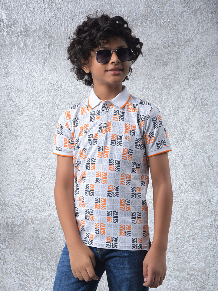 Orange Printed Polo Neck T-Shirt