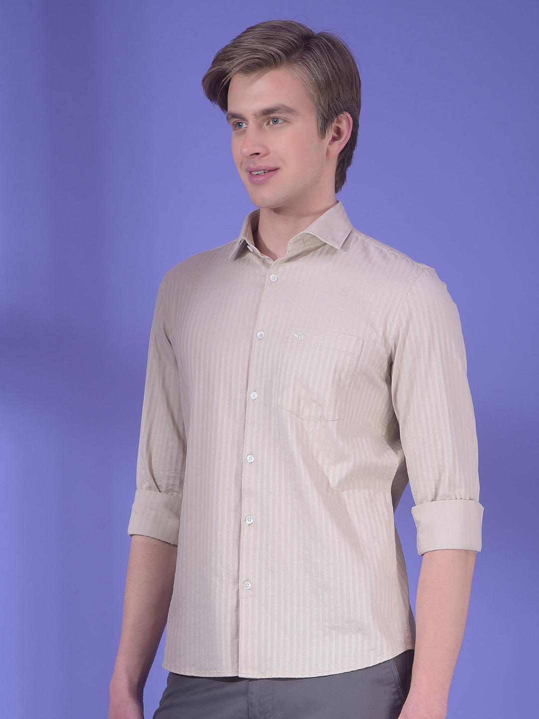 Beige Vertical Stripes 100% Cotton Shirt