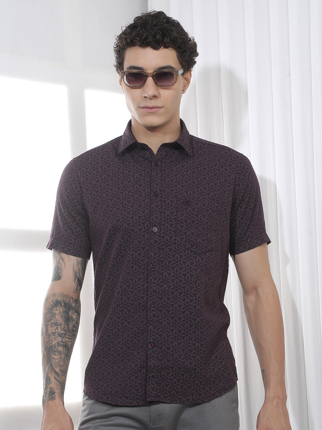Wine Geometric Print Linen Shirt