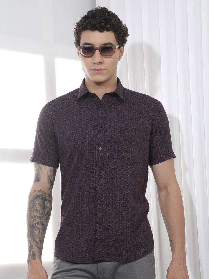 Wine Geometric Print Linen Shirt