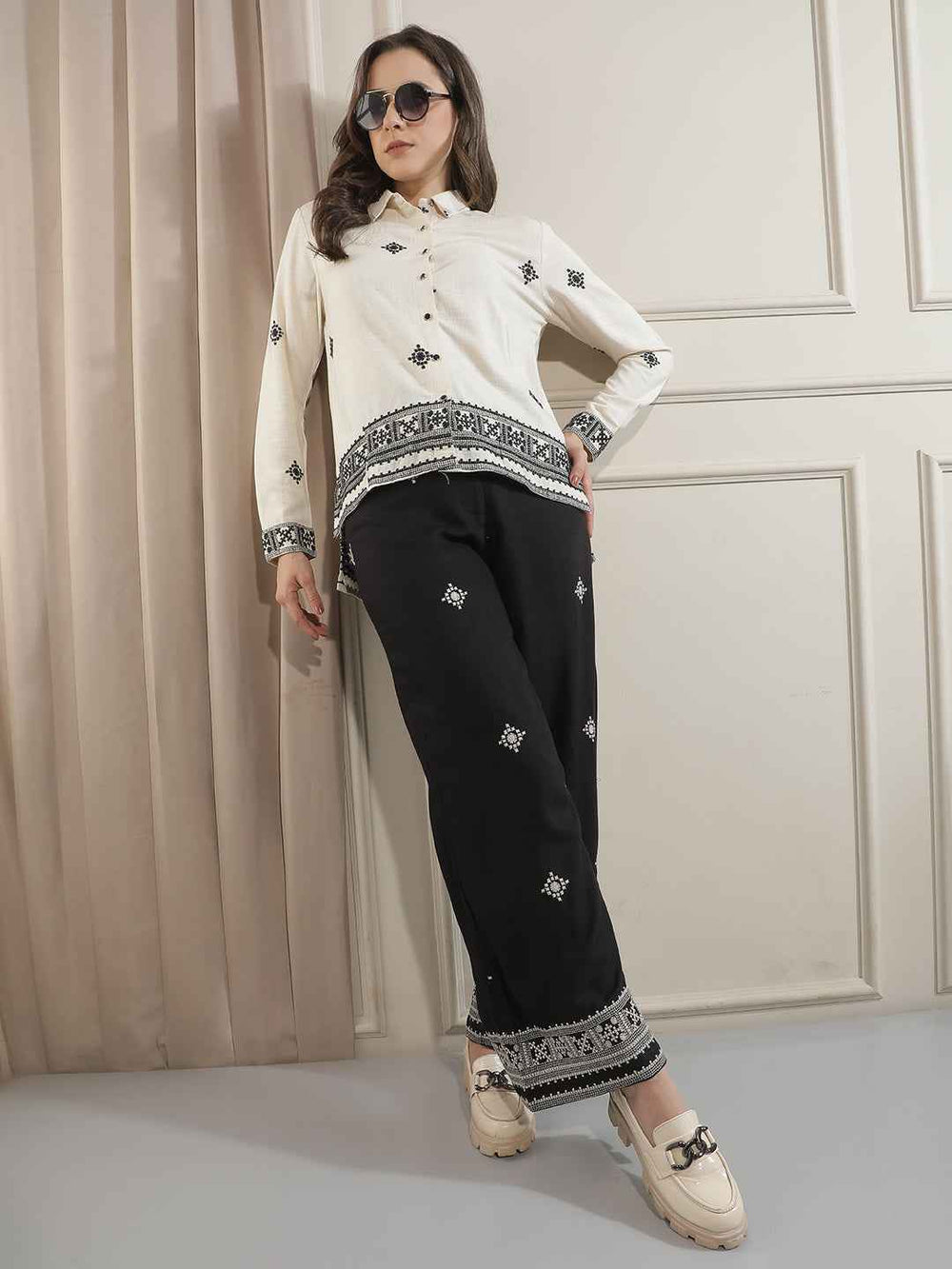 Black Embroidered Wide Leg Trousers