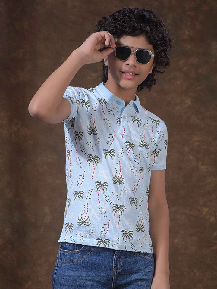 Blue Floral Print Polo Neck T-Shirt
