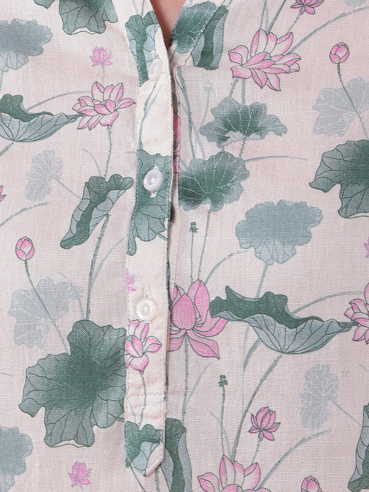 Green Printed V-Neck Linen Top