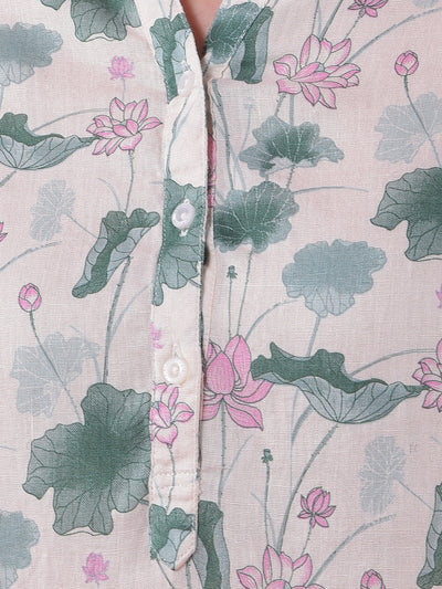 Green Printed V-Neck Linen Top