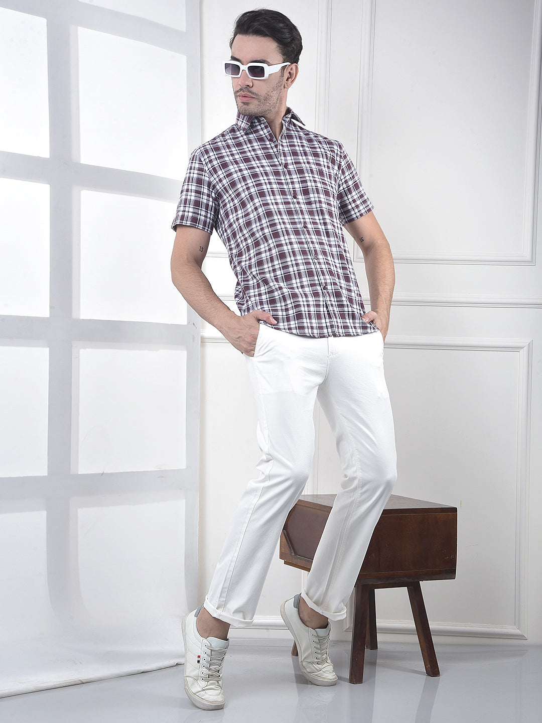 Maroon Checked 100% Cotton Shirt