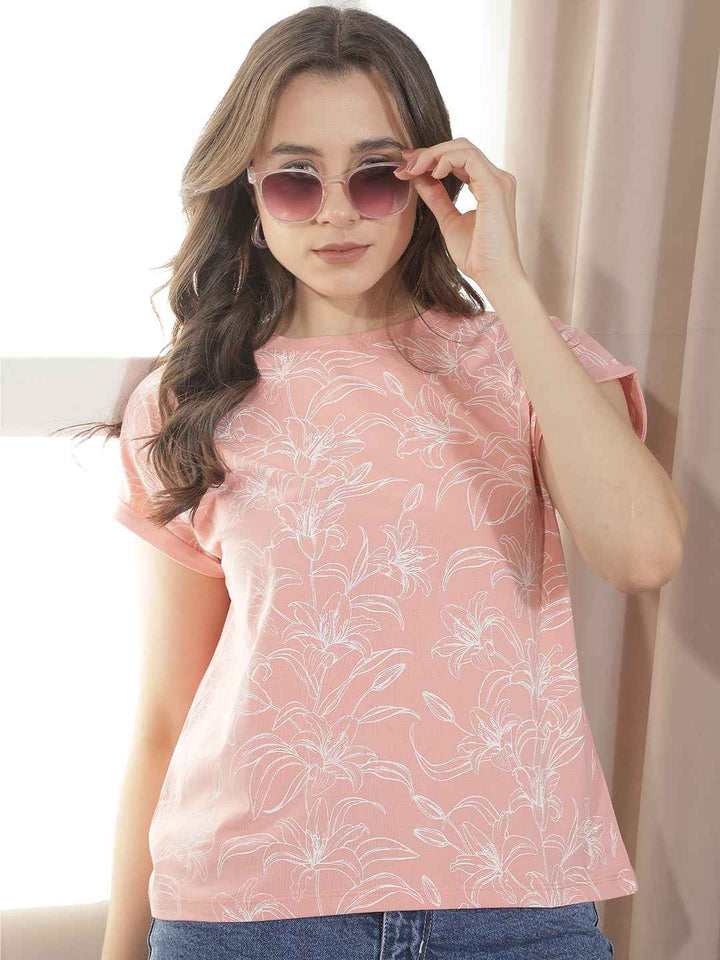 Peach Floral Printed T-Shirt