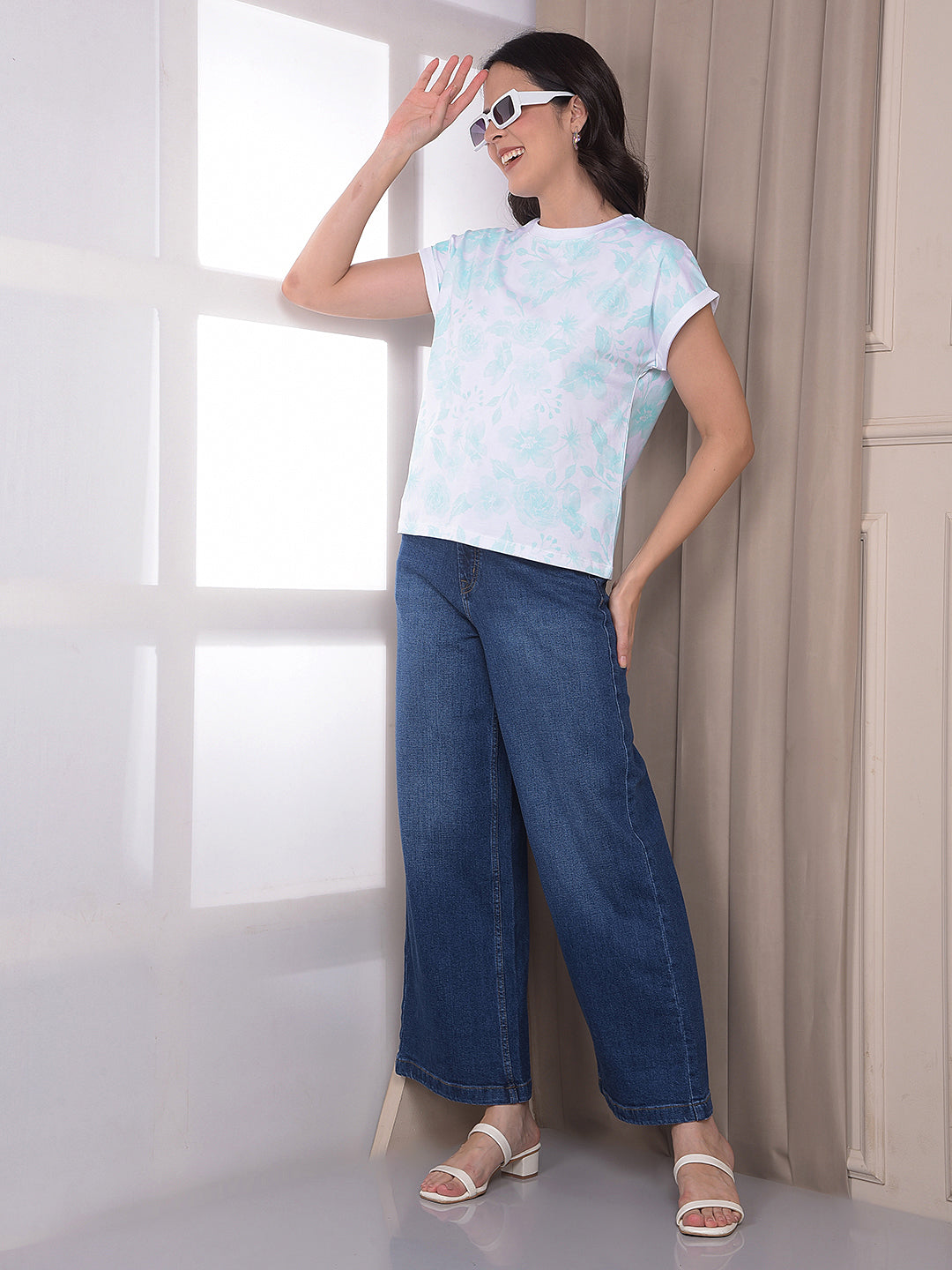 Green Floral Print Extended Sleeve T-Shirt