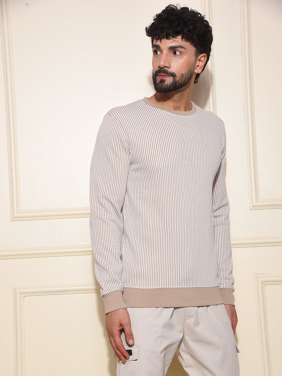 Beige Vertical Stripes Sweatshirt