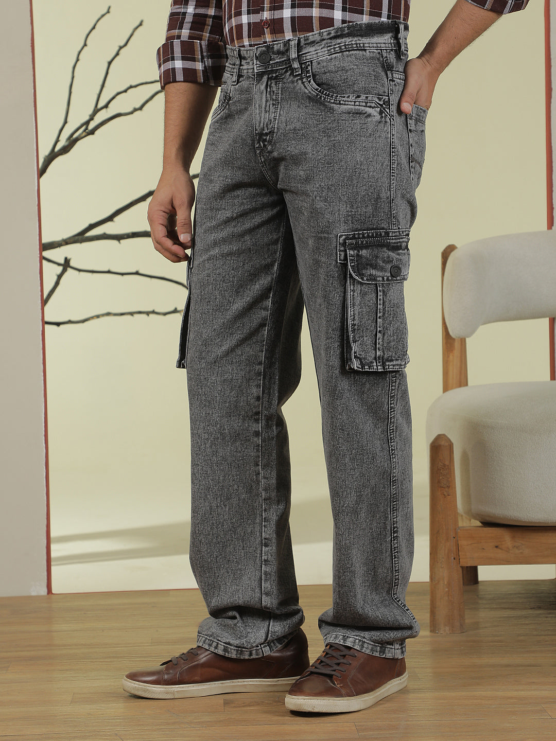 100% Cotton Grey Cargo Stretchable Jeans