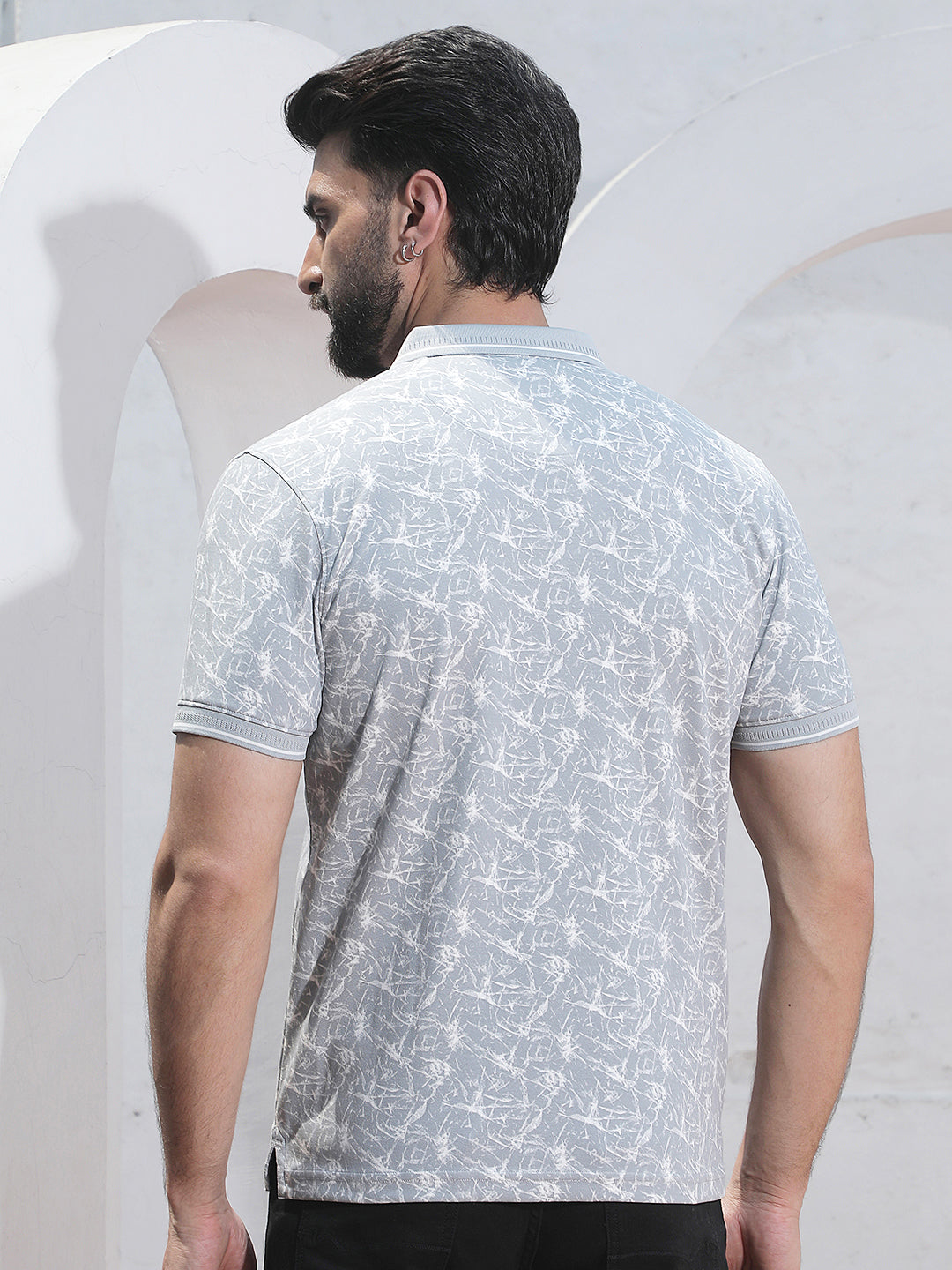 Grey Abstract Print Polo Neck T-Shirt