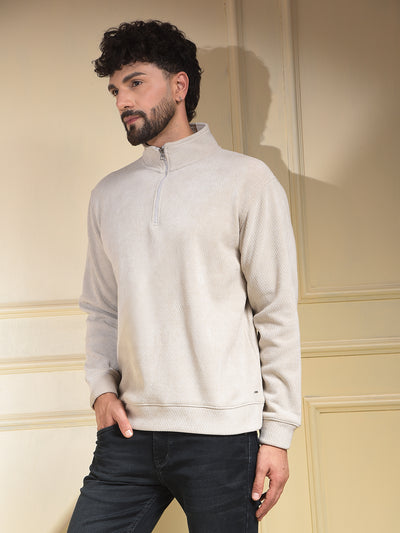 Beige Jacquard Half-Zip High-Neck Sweatshirt
