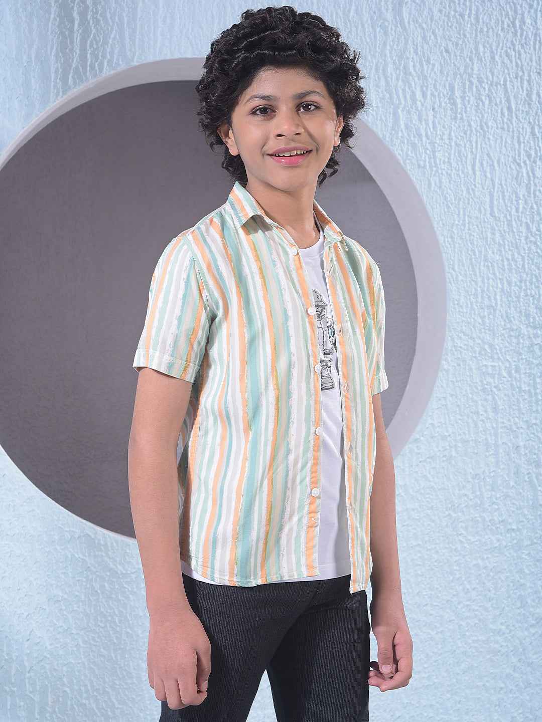 Green Vertical Striped Layered Shirt with T-Shirt