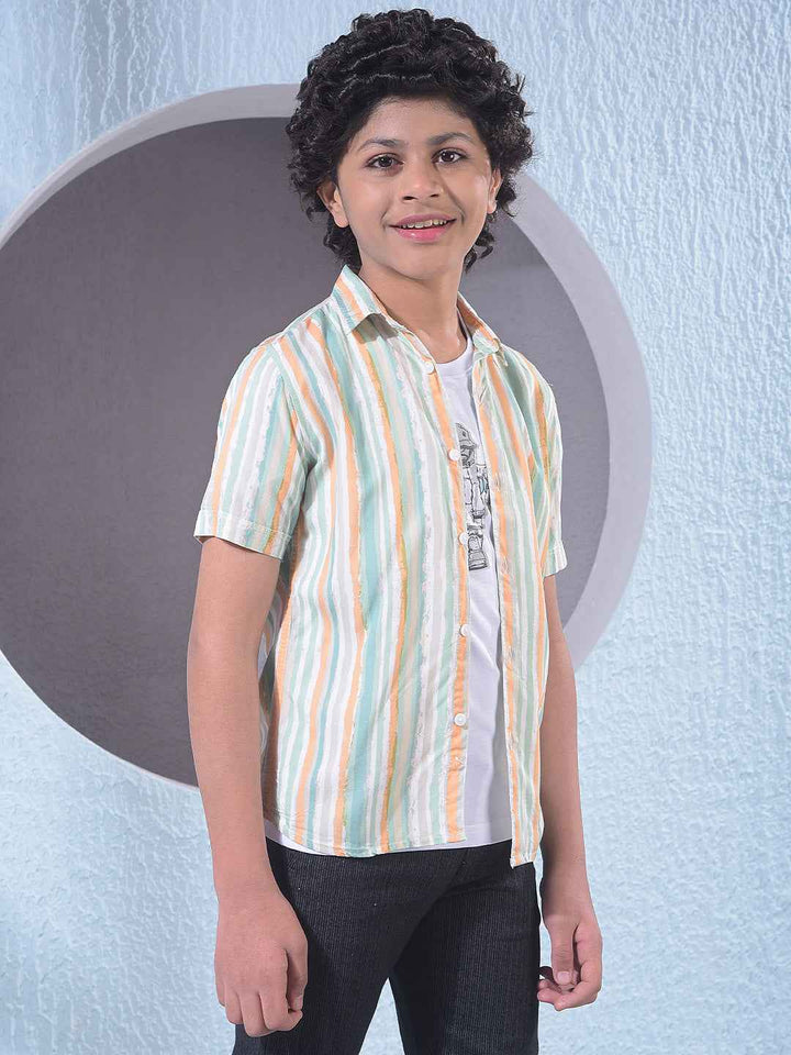 Green Vertical Striped Layered Shirt with T-Shirt