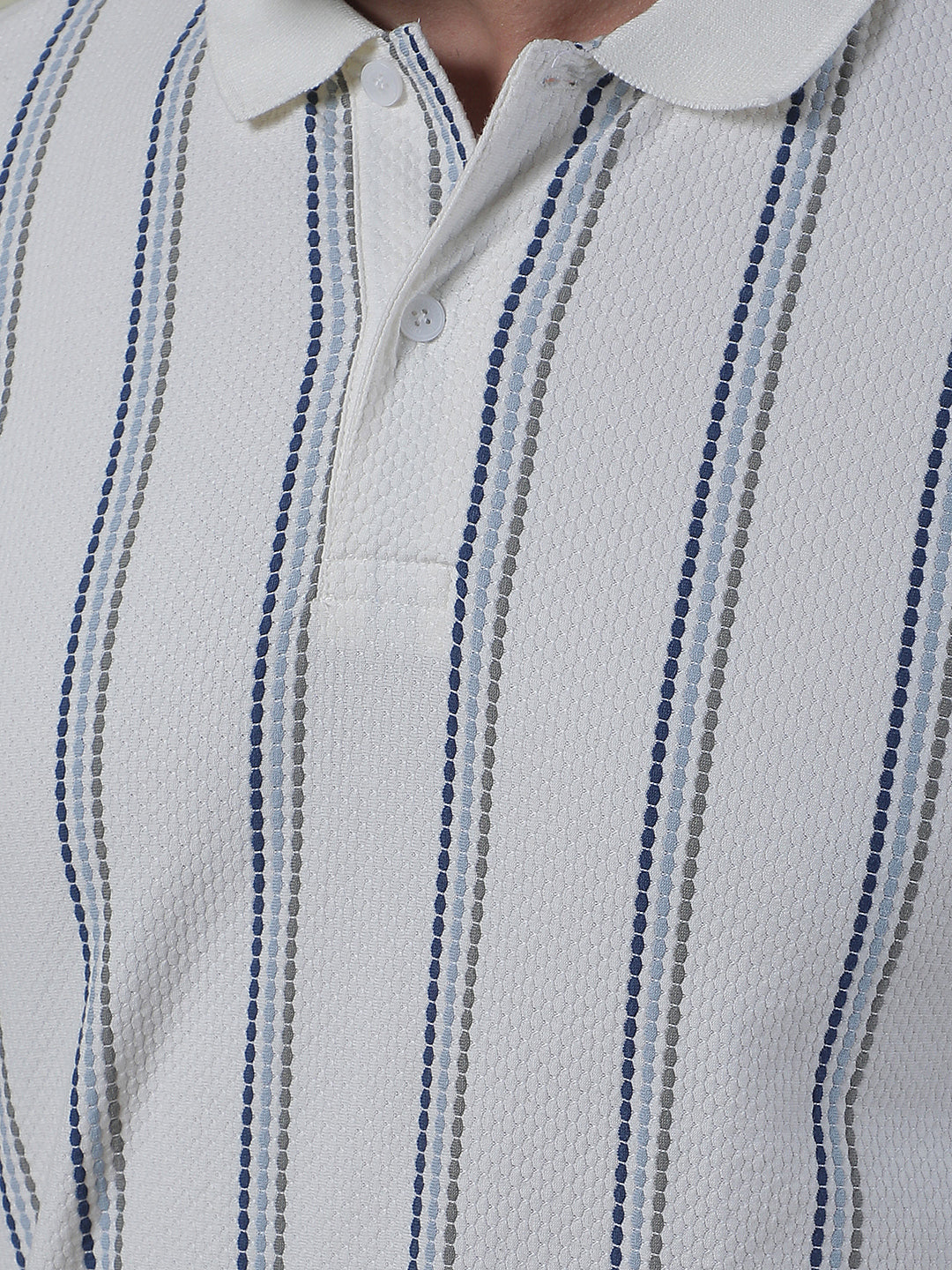 Off White Striped Polo Neck T-Shirt