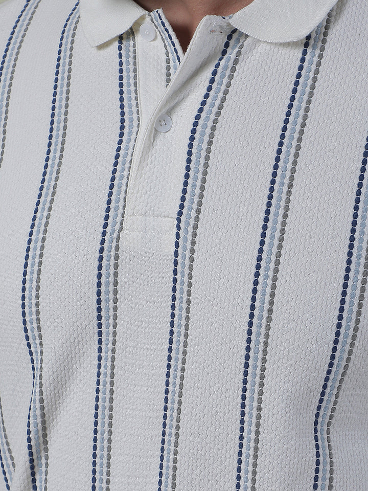 Off White Striped Polo Neck T-Shirt