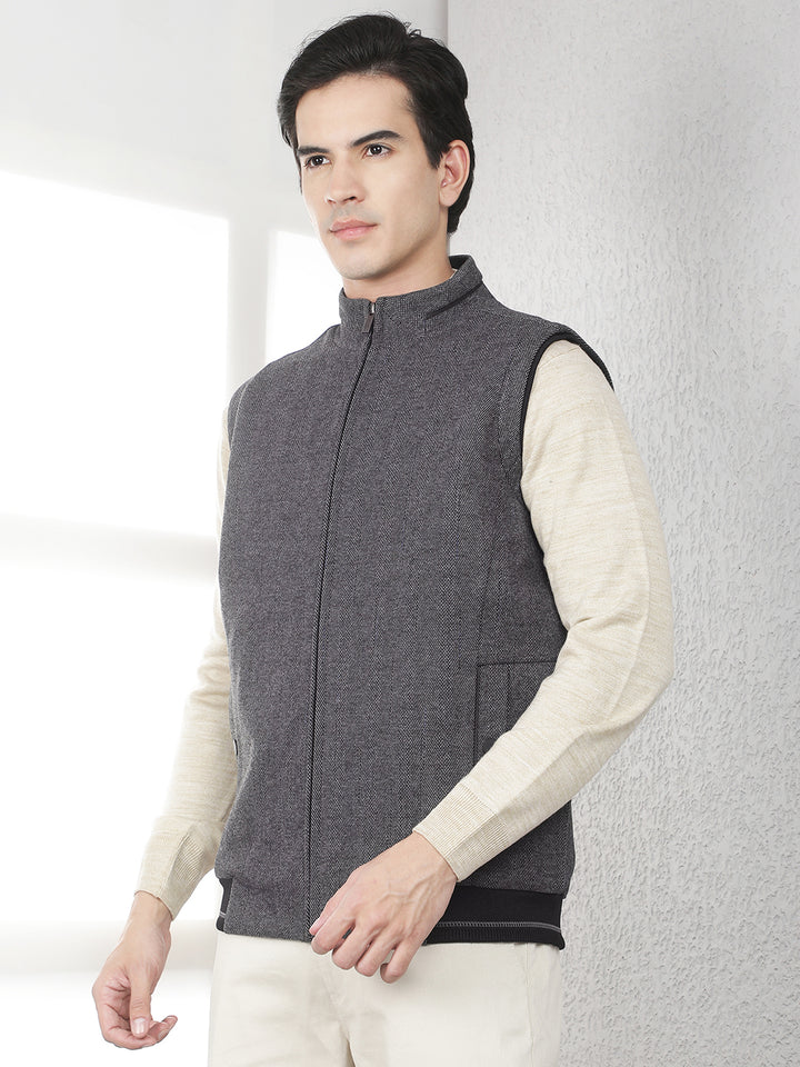 Black Checked High Neck Sleeveless Jacket