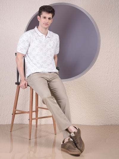 Beige Printed Straight Trousers