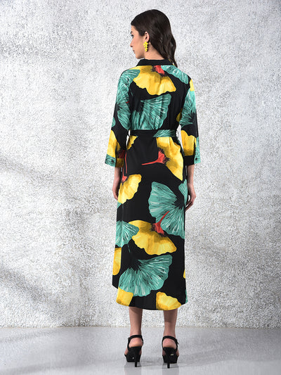 Black Floral Print Midi Shirt-Dress With Belt