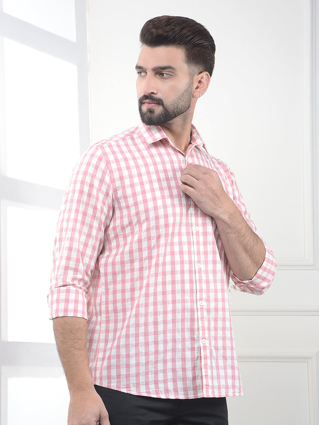 Flamingo Pink Checked 100% Cotton Shirt