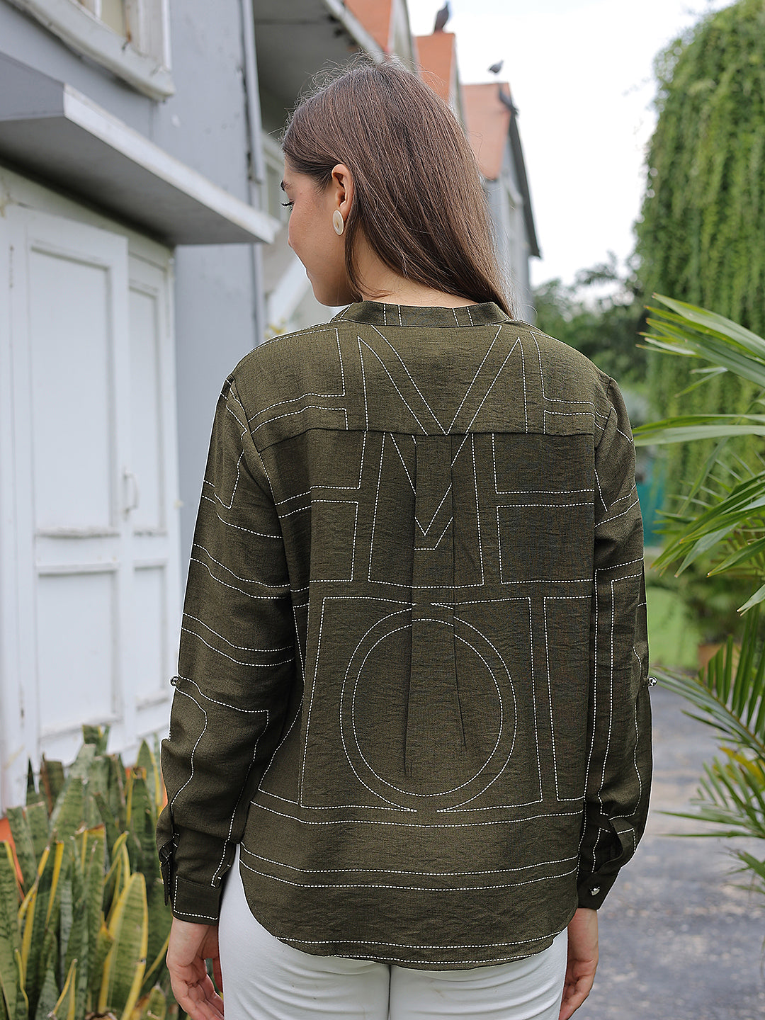 Olive Graphic Print V-Neck Shirt