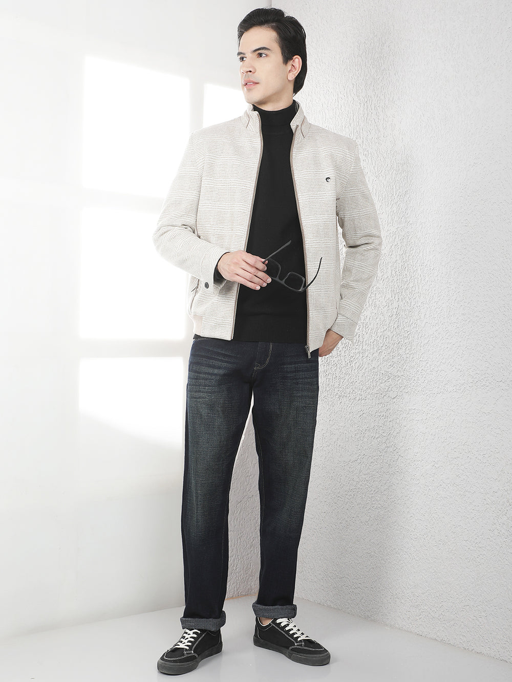 Beige Checked Bomber Jacket