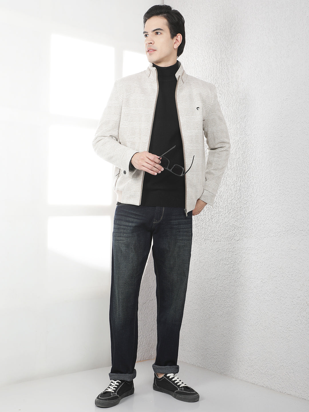 Beige Checked Bomber Jacket