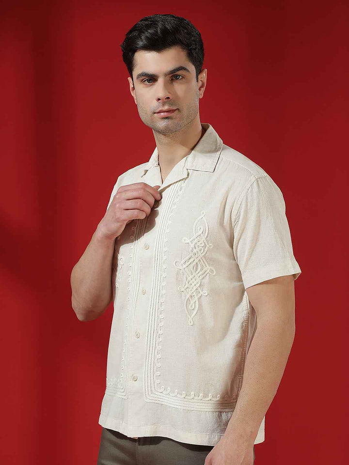 Beige Embroidered Resort-Collar Linen Shirt