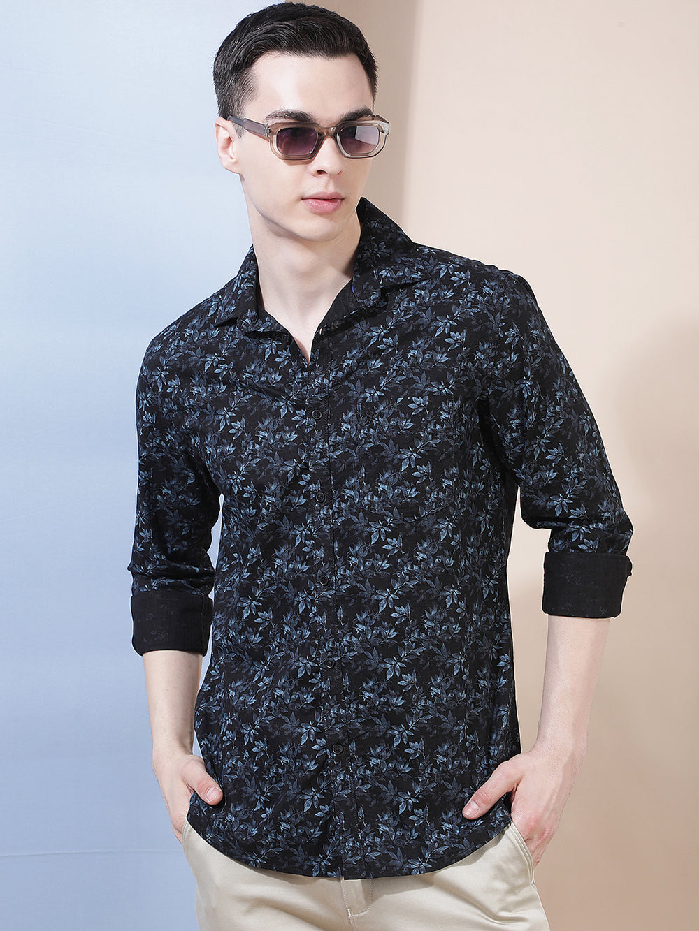 Navy Blue Floral Print Shirt