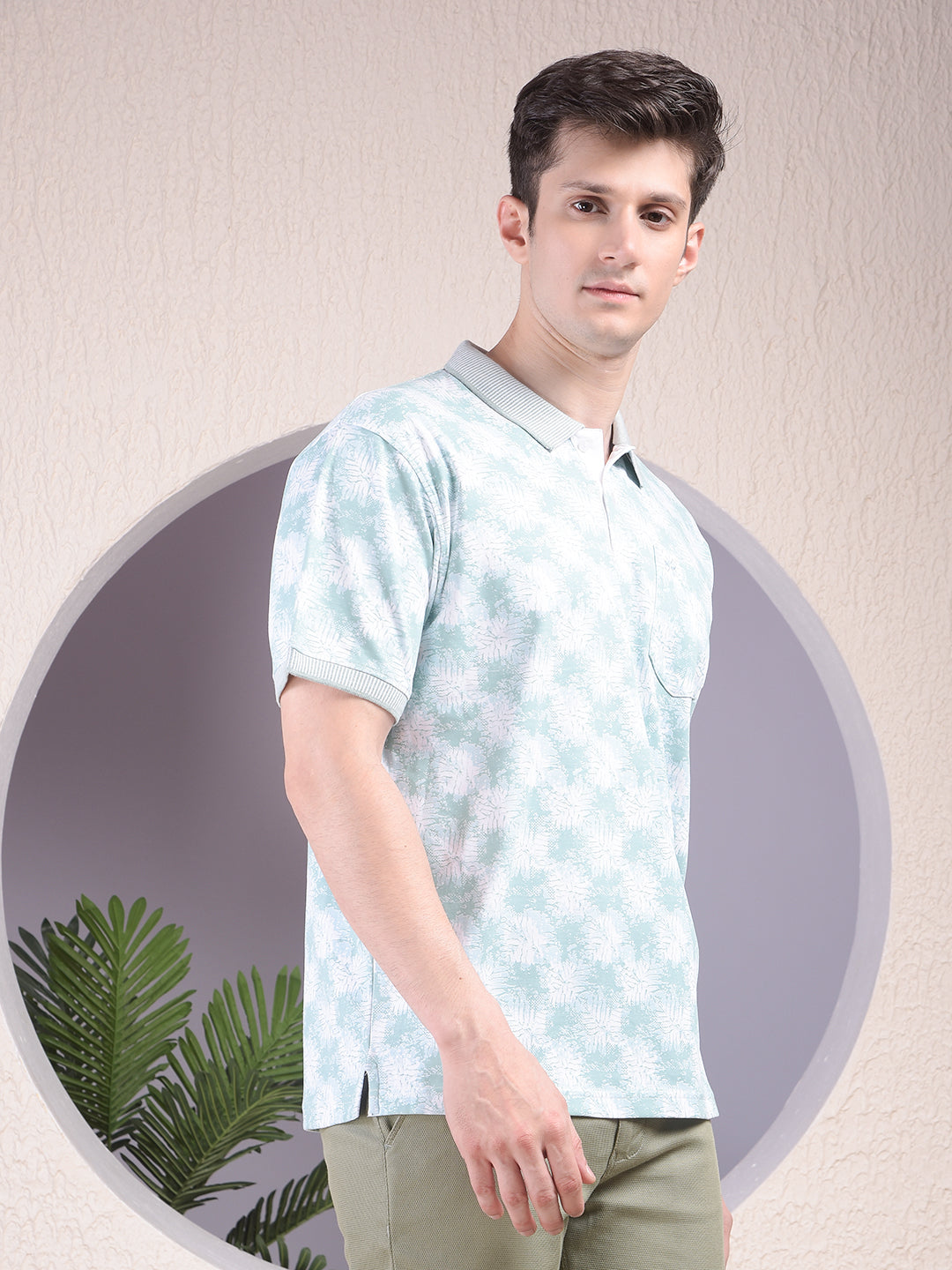 Green Printed Polo Neck 100% Cotton T-Shirt