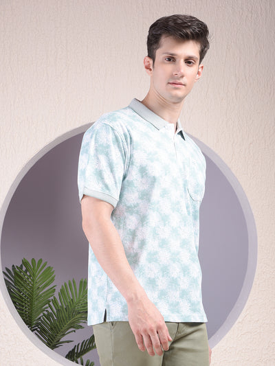 Green Printed Polo Neck 100% Cotton T-Shirt