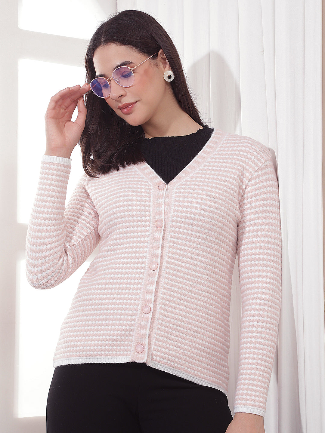 Pink Printed V-Neck Cardigan