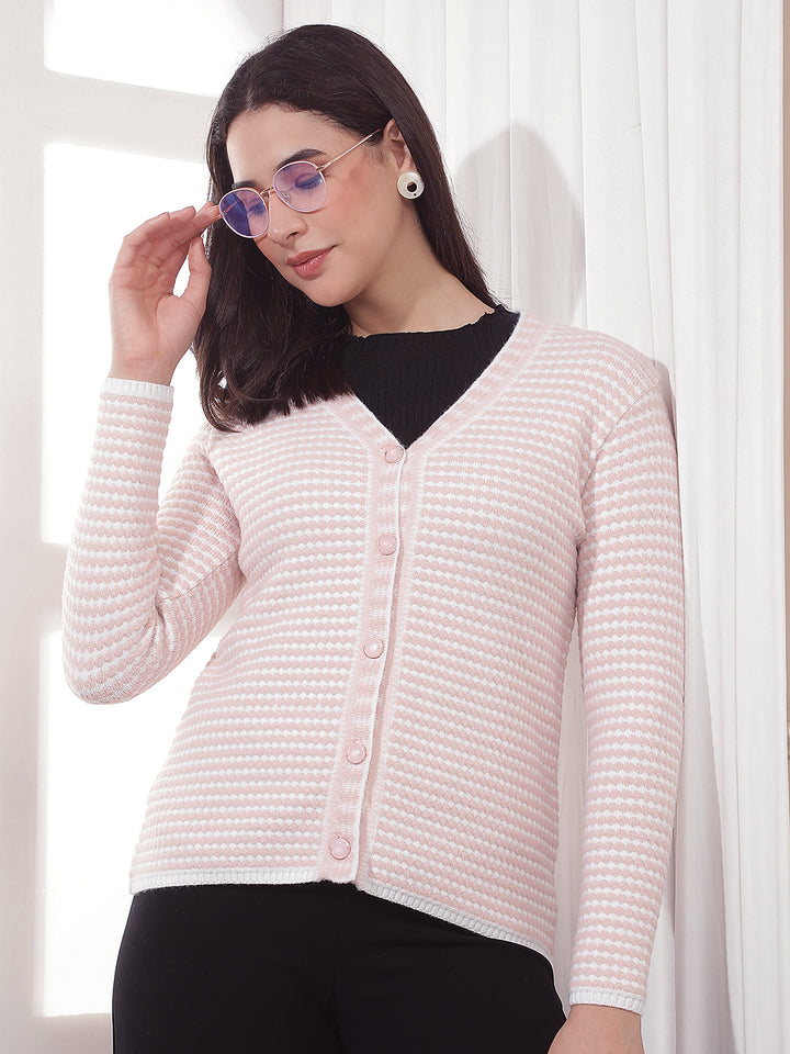 Pink Printed V-Neck Cardigan