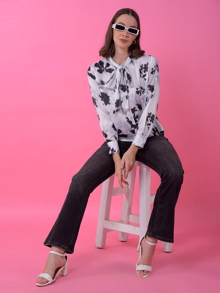 Black Floral Print Tie-Up Top